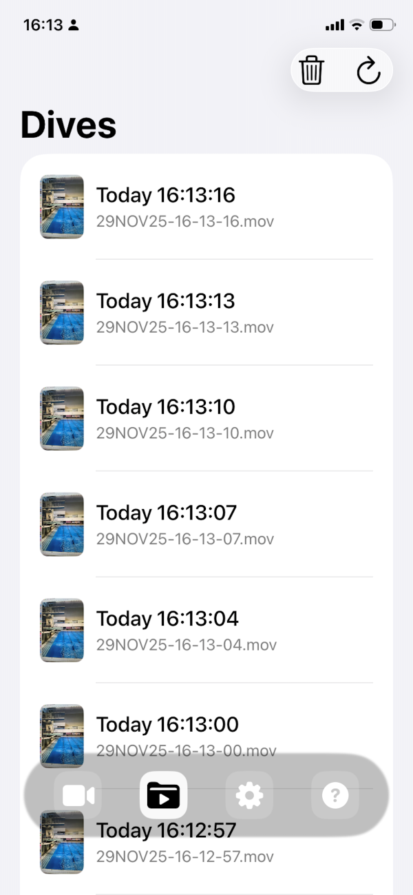 Diving Assist App - Dives Folder View