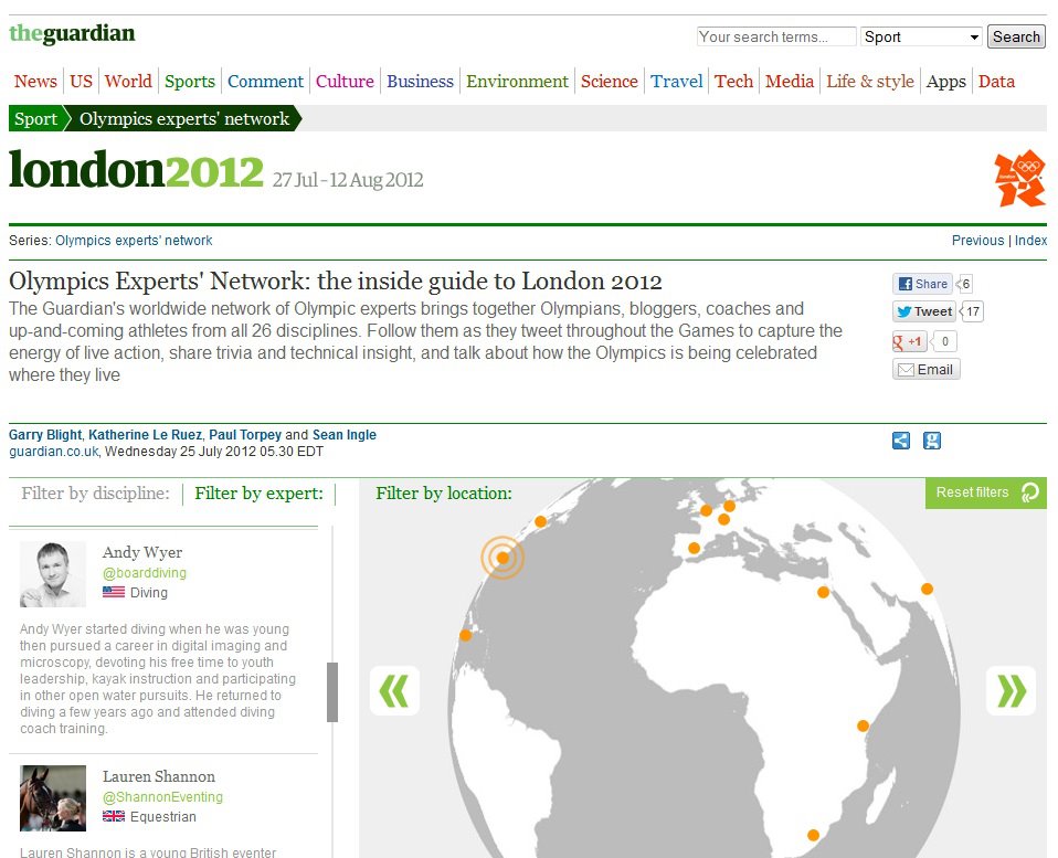 The Guardian newspaper screenshot showing Andy as Diving Expert for London 2012