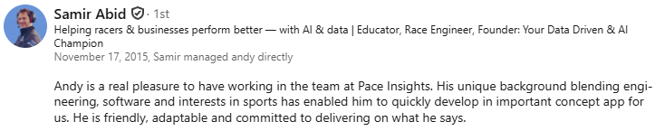 LinkedIn recommendation from Samir Abid at Pace Insights for Andy